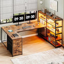 L-Shaped Gaming Desk with Power Outlet, LED Lights & Storage Shelves