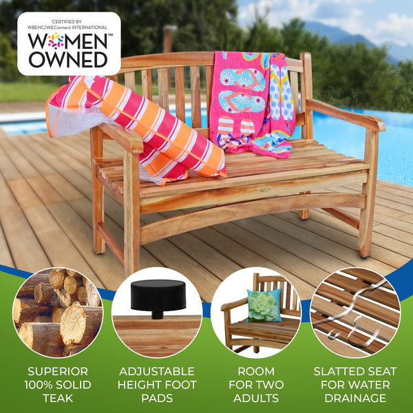 Solid Teak Wood Outdoor Bench with Armrests & Backrest