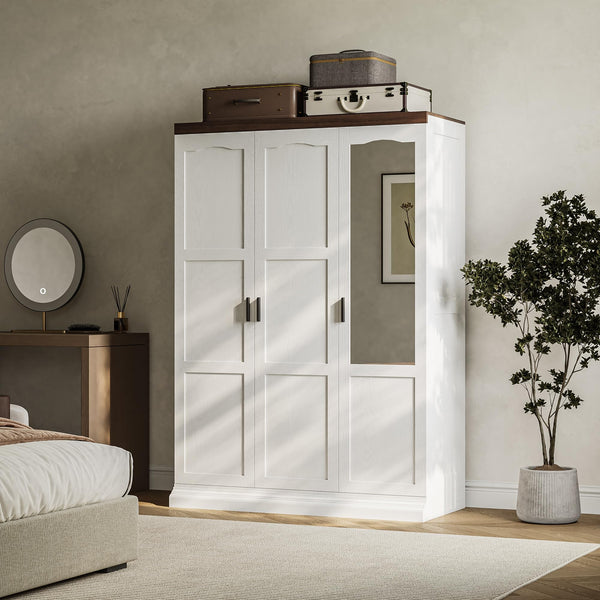 3-Door Wardrobe Closet with Mirror, Hanging Rods & Shelves – White