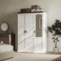 3-Door Wardrobe Closet with Mirror, Hanging Rods & Shelves – White Bedroom Armoire