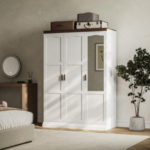 3-Door Wardrobe Closet with Mirror, Hanging Rods & Shelves – White Bedroom Armoire