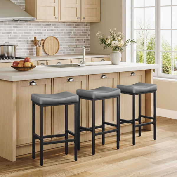 24" Counter Height Bar Stools – Faux Leather Saddle Seat, Metal Legs