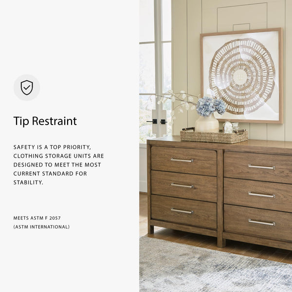 6-Drawer Bedroom Dresser – Hardwood & Hickory Veneer, Light Brown
