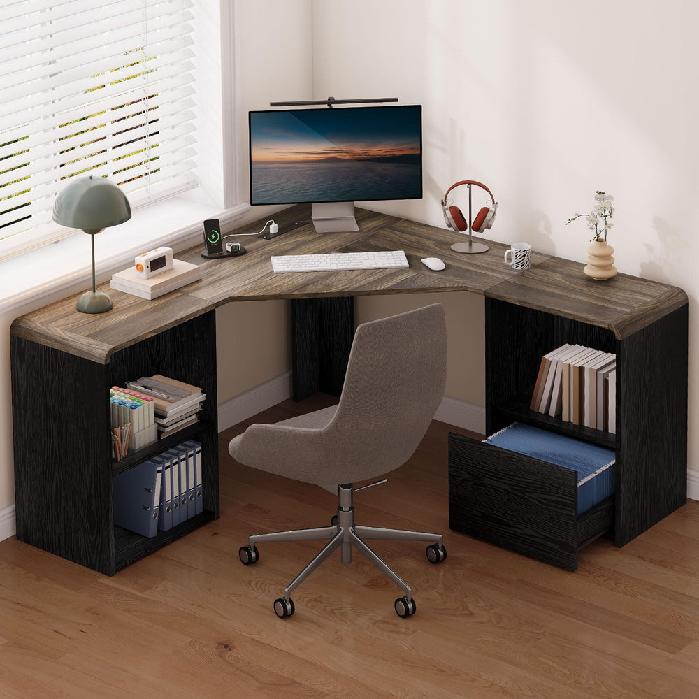 59-Inch L-Shaped Desk with Power Outlets & File Drawer