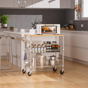 3-Tier Rolling Kitchen Cart with Wood Top