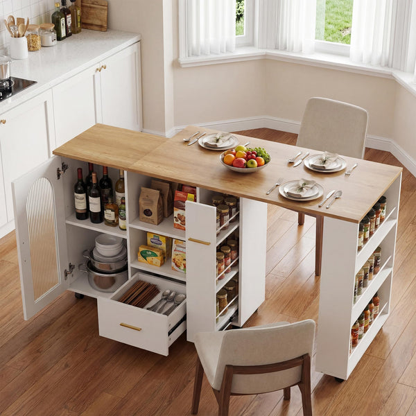 Rolling Kitchen Island with Extendable Table & Storage