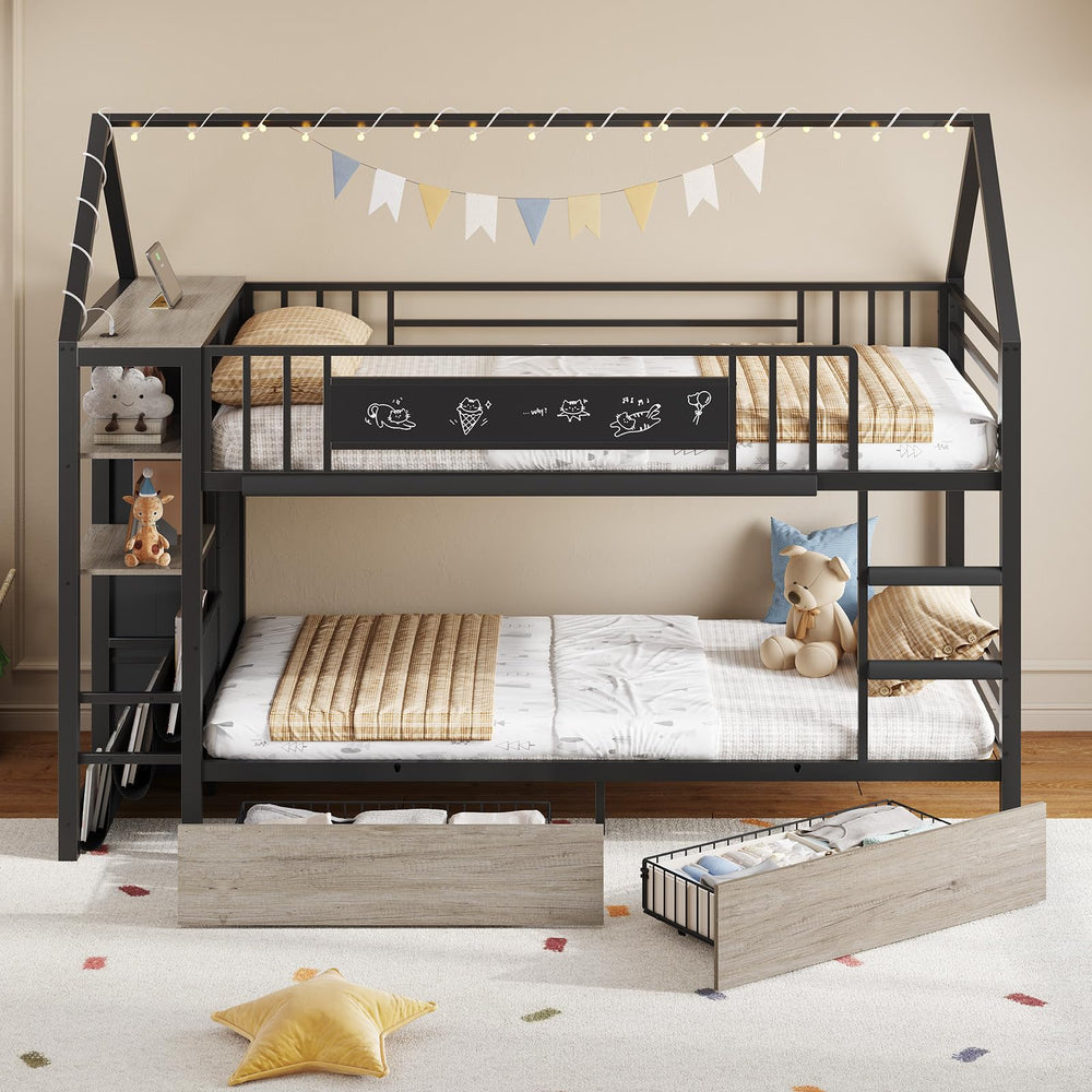 Twin Over Twin Low Bunk Bed with Storage Drawers & House Design