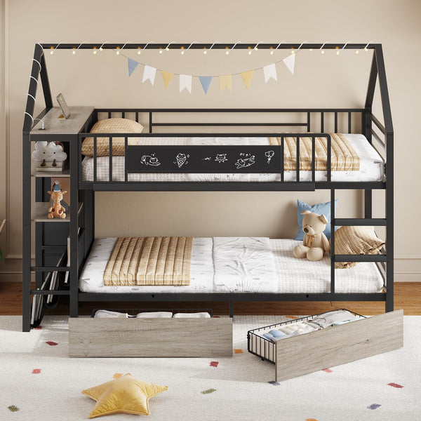 Twin Over Twin Low Bunk Bed with Storage Drawers & House Design
