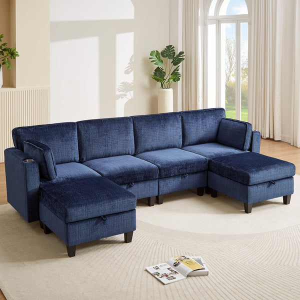 110" U-Shaped Modular Sectional Sofa with Storage & Charging