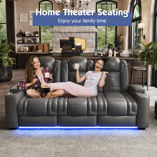 Power Reclining Home Theater Sofa – 3-Seat Leather with USB & Wireless Charging