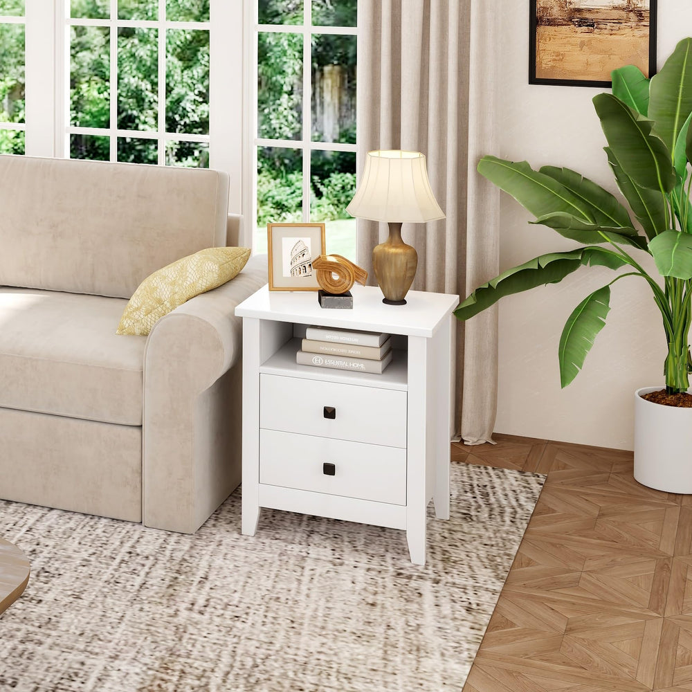 Farmhouse Nightstand Set of 2 with 2 Drawers and Open Shelf