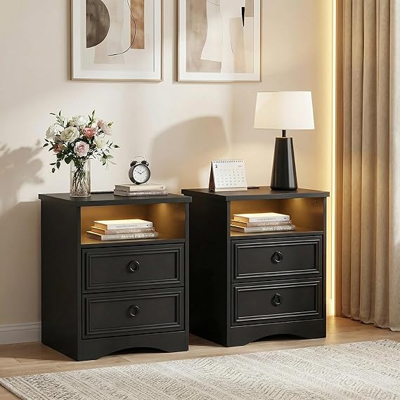 2-Drawer Wood Nightstand with Open Compartment