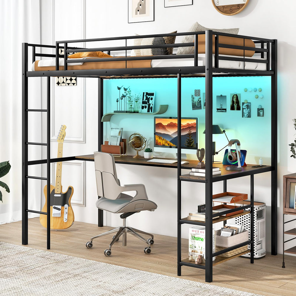 Twin Size Metal Loft Bed with Desk, LED Lights & Charging Station