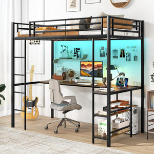 Twin Size Metal Loft Bed with Desk, LED Lights & Charging Station