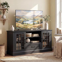 62-Inch Farmhouse TV Stand with Storage Cabinets and Glass Doors