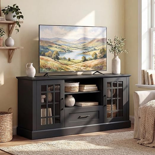 62-Inch Farmhouse TV Stand with Storage Cabinets and Glass Doors