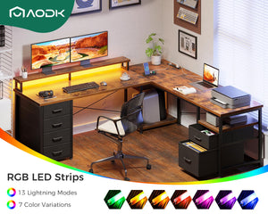 66" L-Shaped Computer Desk with File Cabinet, LED Lights & Power Outlet