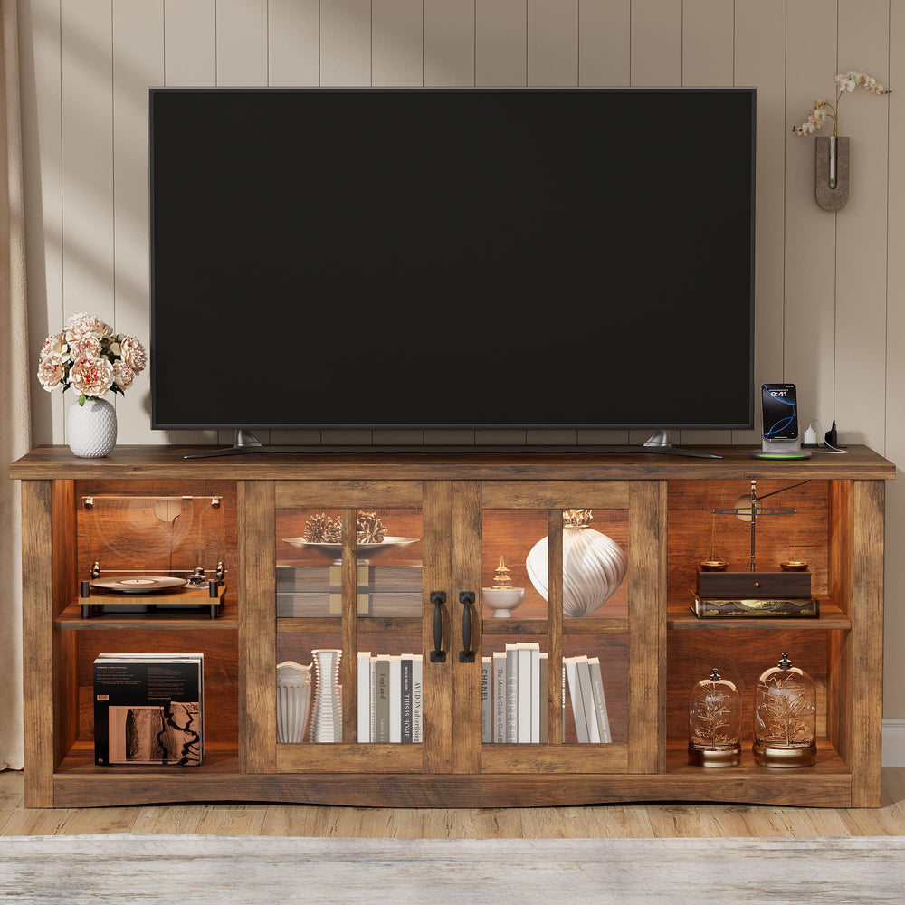Farmhouse TV Stand 58 Inch with Glass Doors, LED Lights & USB Charging