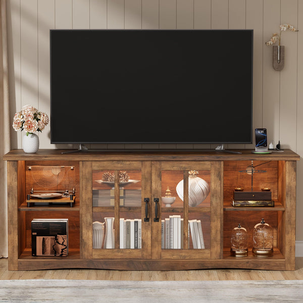 Farmhouse TV Stand 58 Inch with Glass Doors, LED Lights & USB Charging