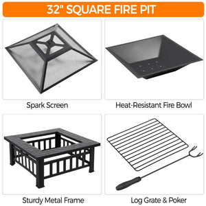 32-Inch Square Metal Outdoor Fire Pit with Spark Guard