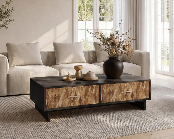 56" Storage Coffee Table with 4 Drawers | Solid Wood, Black Oak