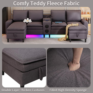 L-Shaped Sectional Sofa with Bluetooth Speaker, LED Lights & Charging Station