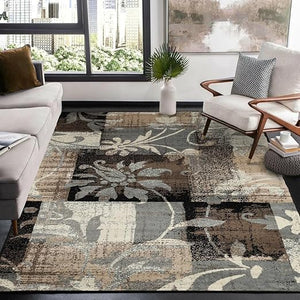 Floral Patchwork Indoor Area Rug – Beige, Low Pile, Machine Made
