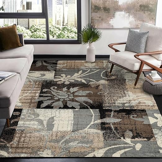 Floral Patchwork Indoor Area Rug – Beige, Low Pile, Machine Made