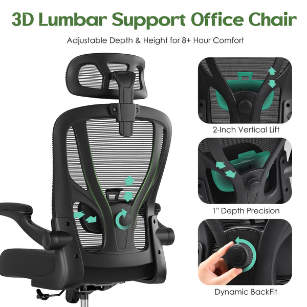 Ergonomic Mesh High-Back Office Chair with Lumbar Support, Headrest & Flip-Up Armrests