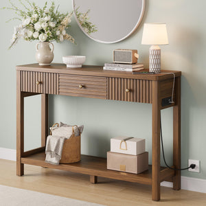 47-Inch Console Table with Charging Station, 3 Drawers & Open Shelf