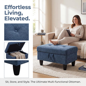 Storage Ottoman Bench – Dark Blue Linen, Solid Wood Frame