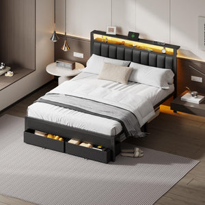 Queen Bed Frame with LED Lights, Charging Station & Storage Drawers