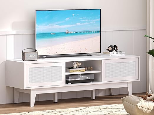 Rattan TV Stand with Sliding Doors & Open Shelves