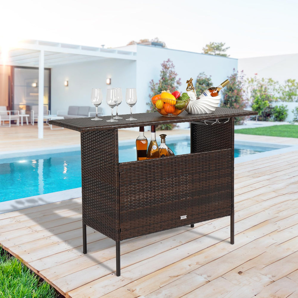 Wicker Outdoor Bar Table with Steel Shelves and Wine Glass Rack