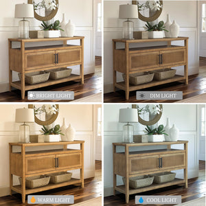 Console Table with Storage Cabinet – Cane Door, Honey Wood Finish, 47.75"W