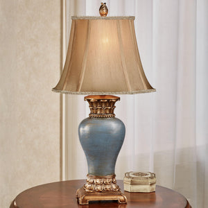 Traditional Handcrafted Resin Table Lamp with Faux Silk Bell Shade