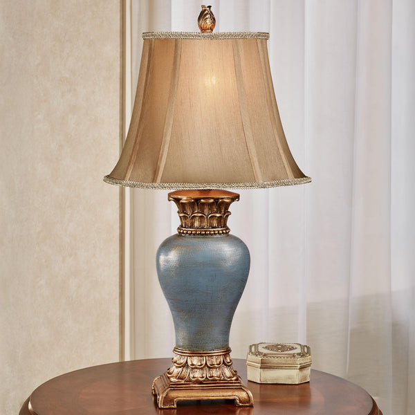 Traditional Handcrafted Resin Table Lamp with Faux Silk Bell Shade