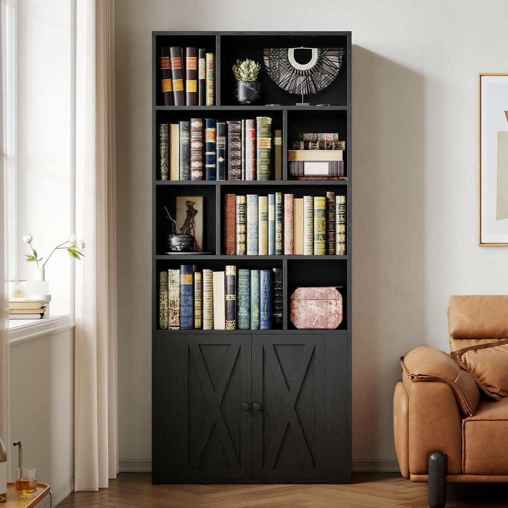 Tall Bookcase with Doors & 8 Open Cubes – 4-Tier Storage Shelf