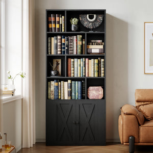Tall Bookcase with Doors & 8 Open Cubes – 4-Tier Storage Shelf
