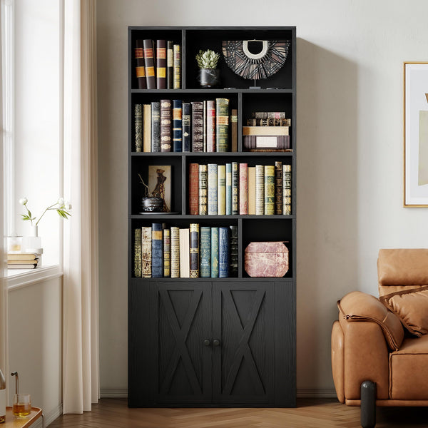 Tall Bookcase with Doors & 8 Open Cubes – 4-Tier Storage Shelf