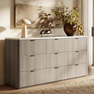9-Drawer Wide Dresser with Faux Travertine Top
