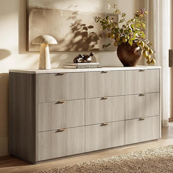 9-Drawer Wide Dresser with Faux Travertine Top
