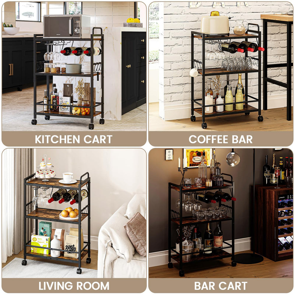 Rolling Bar Cart with Wine Rack & Glass Holder