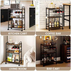 Rolling Bar Cart with Wine Rack & Glass Holder