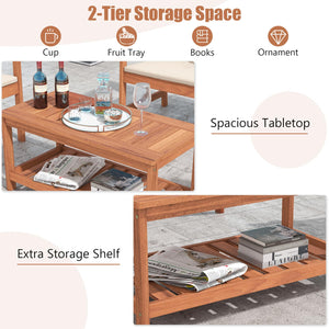 2-Tier Solid Wood Outdoor Coffee Table with Storage Shelf