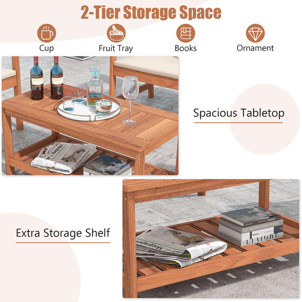 2-Tier Solid Wood Outdoor Coffee Table with Storage Shelf