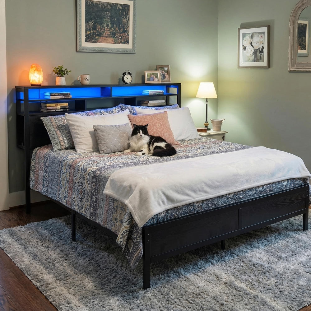 King Size Bed Frame with LED Lights, Storage Headboard & Charging Ports