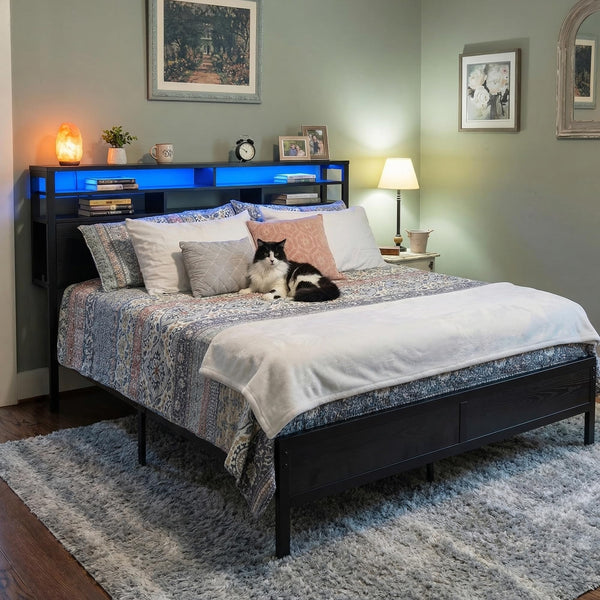 King Size Bed Frame with LED Lights, Storage Headboard & Charging Ports