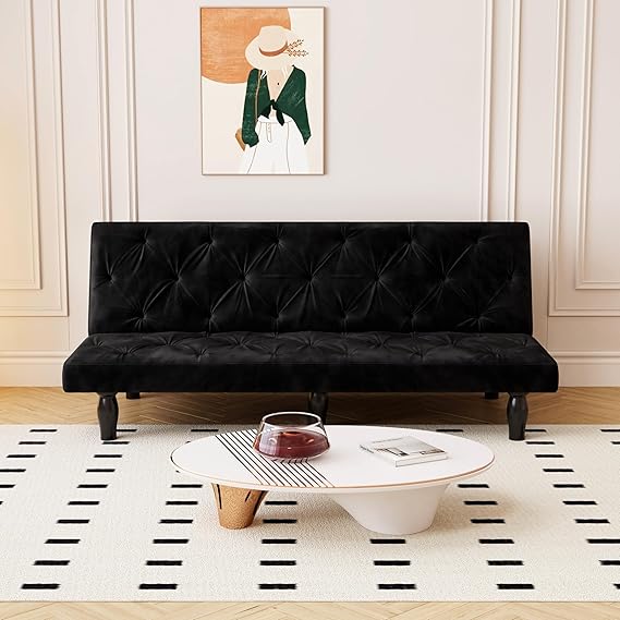 Convertible Velvet Futon Sofa Bed with Cup Holder