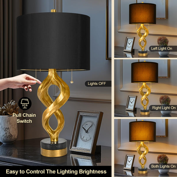 Sculptural Table Lamp Set of 2 for Bedroom, 26” Gold Leaf Farmhouse Bedside Lamps for Living Room, Pull Chains Switch Rustic Nightstand Lamp Marble Base with USB for Home Room Decor (Bulbs Included)